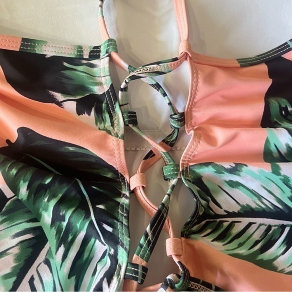 Waikiki Hawaii Orange & Green Palm Leaf‎ One Piece Swimsuit Lace Up Back NWT - Picture 7 of 12